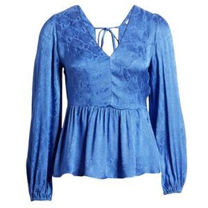 Topshop Jacquard Peplum Blouse Cobalt Blue US 6 NWT V Neck Tie Back